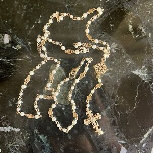 Long Rosary Prayer Necklace Faux Pearls/ Gold